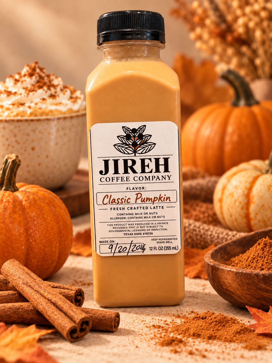 Jireh Coffee Company Classic Pumpkin bottled latte with pumpkins and cinnamon